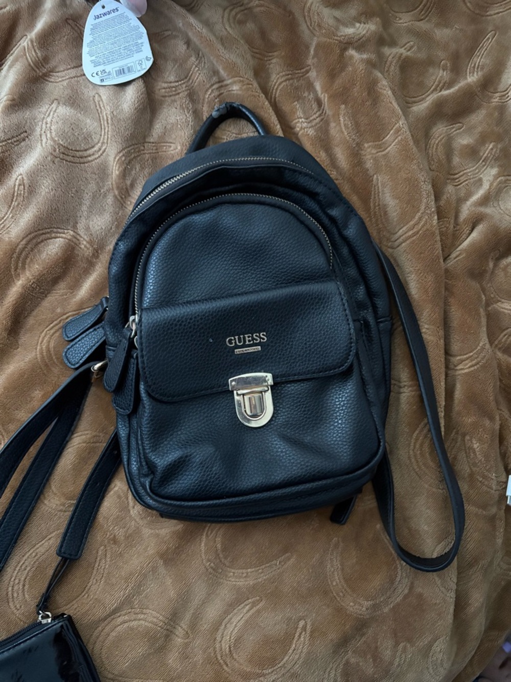 GUESS Black Pebbled Leather Compact Backpack with Front Flap